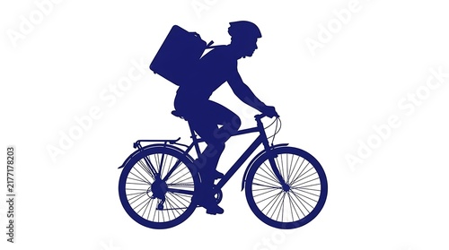Blue silhouette of a bicycle delivery courier with a backpack on a white background.