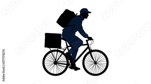 Silhouette of a delivery courier riding a bicycle with a thermal food backpack