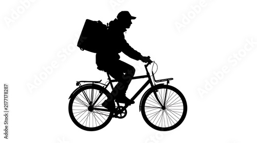 Silhouette of a food delivery courier riding a bicycle with an insulated backpack