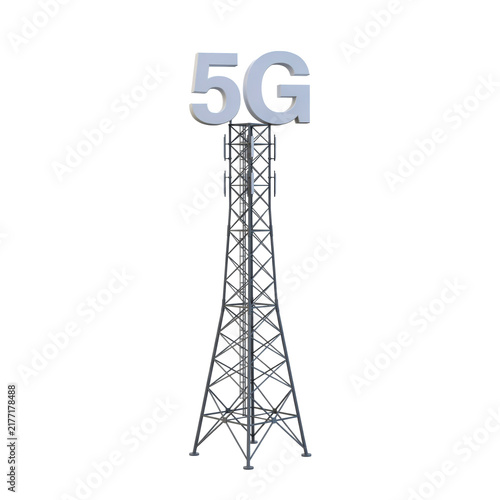Tall metal lattice communication tower featuring a large three dimensional 5 g symbol mounted at the isolated on a transparent background