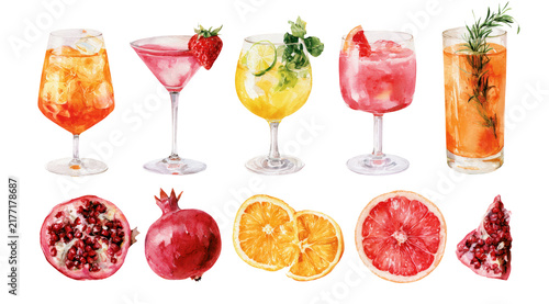 Watercolor summer cocktail drink illustration set