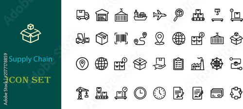 Logistics and supply chain icons with delivery trucks airplanes and warehouses during global commerce
