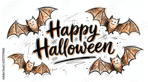 Happy halloween greeting card design with hand drawn sketch style bats and brush calligraphy lettering for a spooky fall holiday celebration