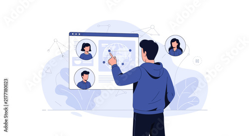 Man Interacting with Global Network and Video Call Interface, Business Connection Concept