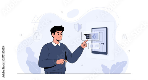 Man Interacting with Smart Home Security System on Tablet - Digital Illustration