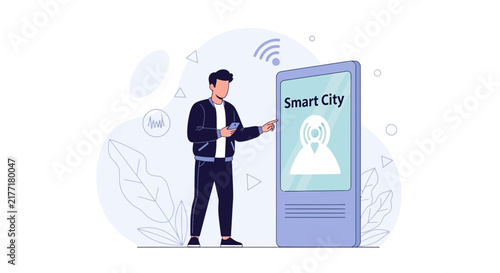 Man Interacting with Smart City Digital Kiosk via Smartphone