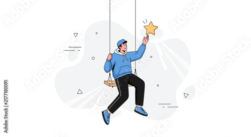 Man on Swing Reaching for Golden Star, Symbolizing Achievement and Success