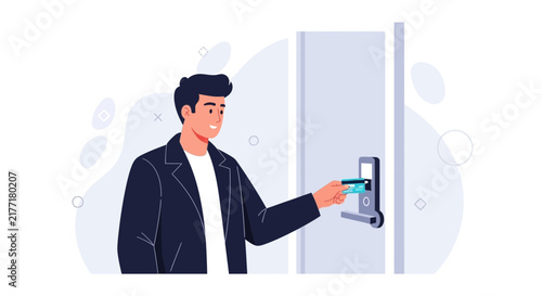 Man using key card to open hotel room door
