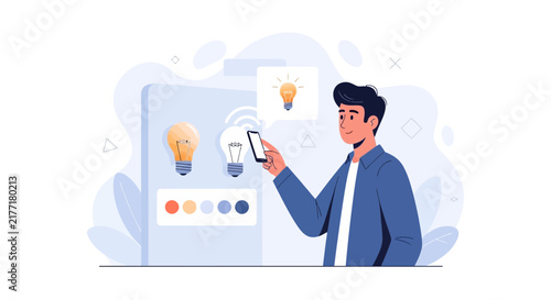 Man Using Smartphone to Control Smart Home Devices, Illustrating Ideas and Innovation