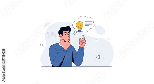Man with a bright idea, light bulb inspiration, thinking process, and digital data symbols.