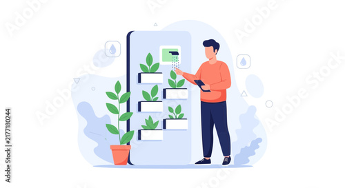 Man Watering Plants on Vertical Farm with Tablet, Smart Agriculture Concept