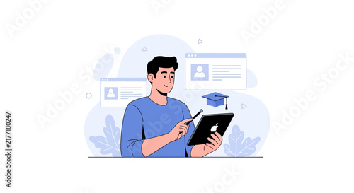 Man using tablet for online learning, e-learning, education concept illustration