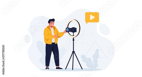 Man with camera and ring light recording video content, social media influencer, vlogging, content creation concept, vector illustration