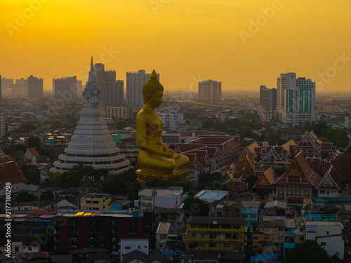 Sticker Aerial view of the Giant Golden Buddha in Wat Paknam Phasi Charoen Temple with w