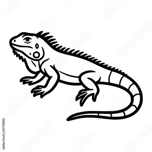 Stylized illustration of a green iguana reptile with spiky crest and long tail.