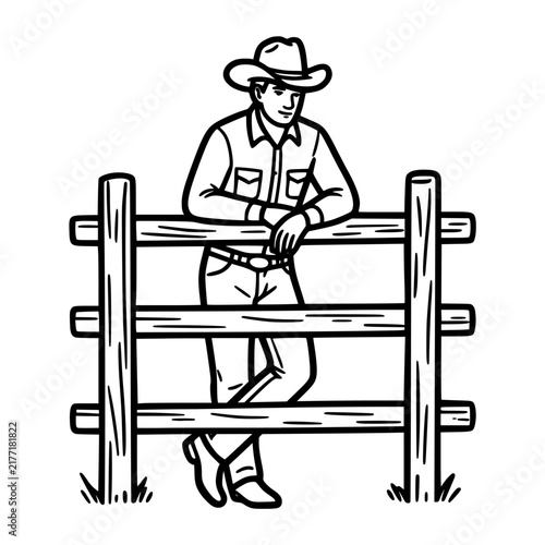 Cowboy Standing Leaning on Wooden Fence Outdoors.