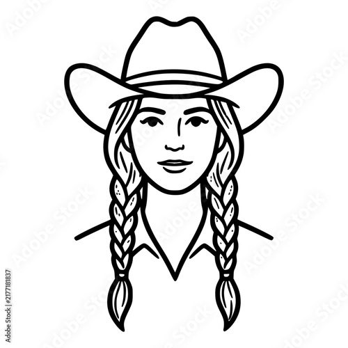 Line Art Illustration of a Woman Wearing a Cowboy Hat with Braids.