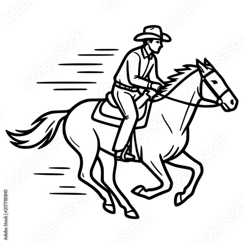 Cowboy riding a horse at full speed in a line art illustration.