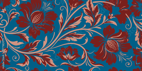 Seamless vector floral damask pattern with brush strokes ornament. Classic botanical wallpaper, fabric textile print, and luxury backdrop.
