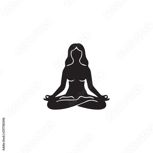 Woman Yoga Lotus Pose Black Silhouette Illustration. Meditating woman icon isolated on white background for wellness and spiritual practice logo.