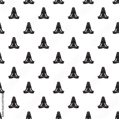 Woman Yoga Lotus Pose Seamless Pattern. Black silhouette of meditating woman repeat pattern on white background for wellness and mindfulness design.