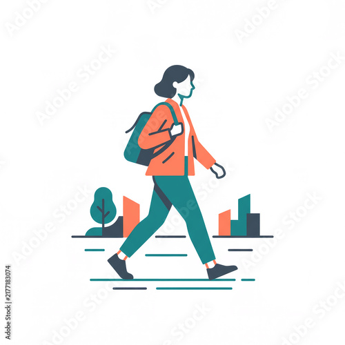 Young Woman with Backpack Walking in the City, Flat Vector Illustration of Urban Commuter and Pedestrian Lifestyle Isolated on White Background
