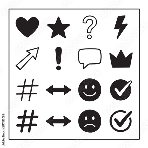 Hand Drawn Doodle Icon Set. Black and white minimalist symbols including heart, star, question mark, lightning, arrow, crown, hashtag, and smiley face.