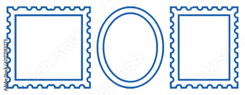 Bild auf Leinwand Postage stamp frames featuring blue serrated edges with rectangle square and ova