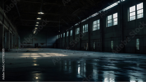 Empty dark industrial warehouse interior with glowing windows