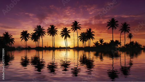 Vibrant tropical beach sunset with palm tree silhouettes against an orange sky