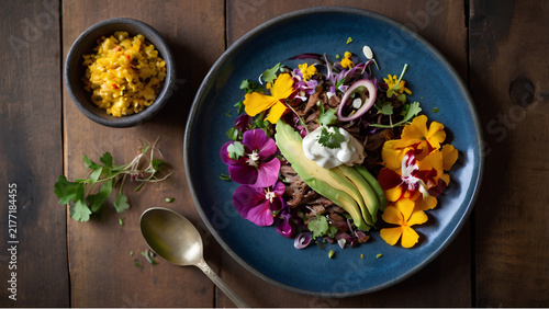Gourmet dark food photography of a colorful keto meal on a rustic blue plate