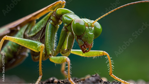 Striking macro photography of a green praying mantis insect