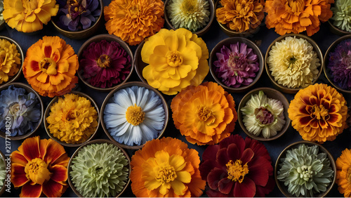 Flat lay arrangement of bright marigold blossoms on a contrasting dark blue surface