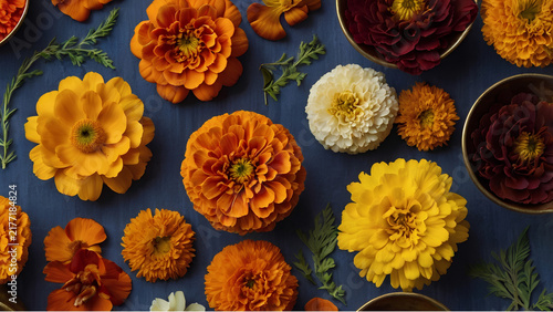 Top view of vibrant orange and yellow marigold flowers on a dark background