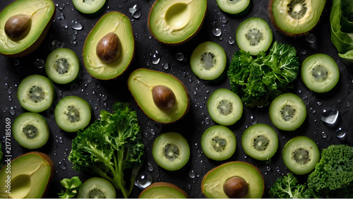 Dark food photography of scattered fresh avocado halves and green herbs