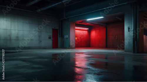 Empty cyberpunk parking garage with a blue shutter door and dramatic colorful reflections