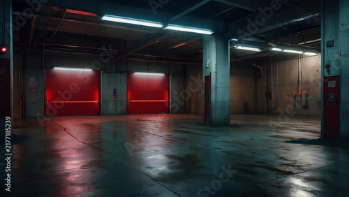 Empty underground parking garage with red and blue neon lighting