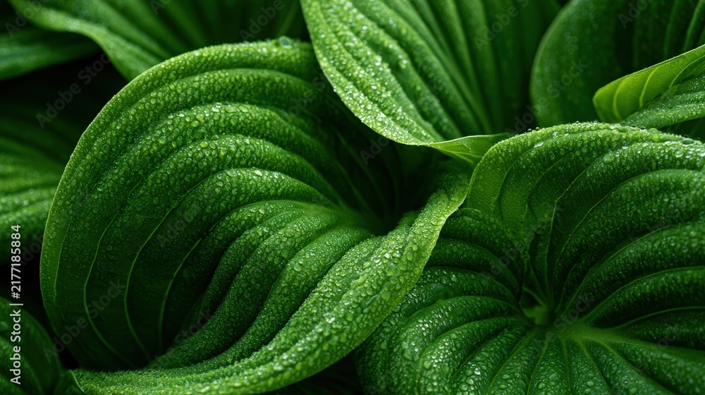 Obraz premium Macro view of lush green hosta leaves covered in morning dew. This fresh botanical background is perfect for eco-friendly design concepts.