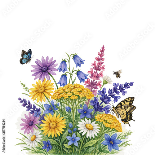 Watercolor bouquet of wildflowers with butterflies and a honeybee isolated on a transparent background