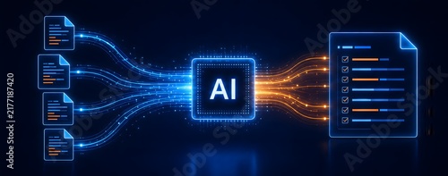 Obraz na płótnie Glowing digital processor analyzing multiple electronic documents and compiling data into a structured report representing automated workflow and artificial intelligence systems