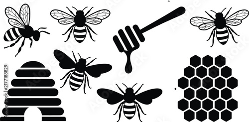 Bee, silhouette illustration with flying honeybee, honey hive, honey spoon, natural beekeeping and sweet honey production vector design.