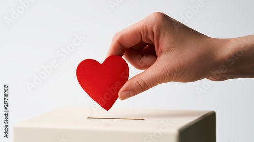 Gesture of giving: hand places a red heart into a donation box against a clean white backdrop