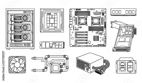 Set of computer hardware components and server parts illustrated in a clean black and white line art style