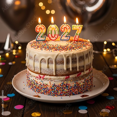 A festive twotier birthday cake with white icing drips and colorful sprinkles, topped with 2027 candles on a wooden table with confetti