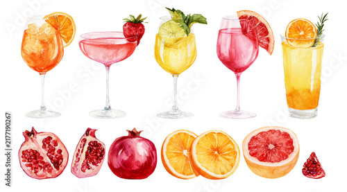 Watercolor summer cocktail drink illustration set