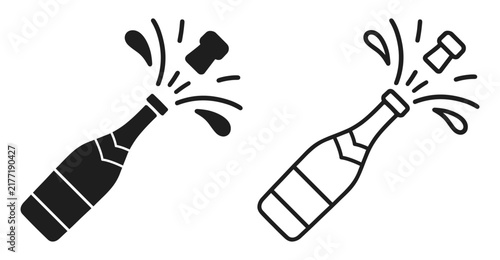 Champagne bottle icon set with outline and filled popping cork designs on transparent background