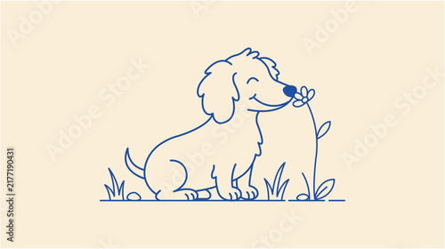 Minimalist vector illustration of happy puppy smelling a small flower