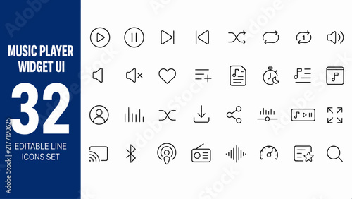Editable line vector icons collection featuring music player controls, audio interface elements, and media application symbols for modern UI design and development