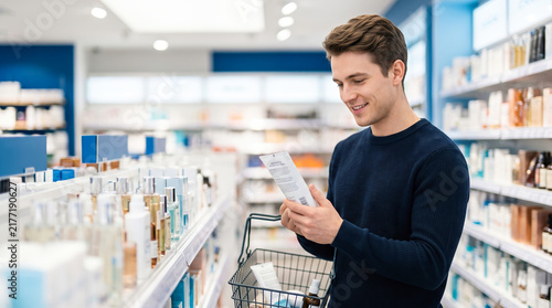 A man stands in a store aisle looking at a skincare product. He holds a shopping basket with items while smiling. Shelves are filled with various skincare items