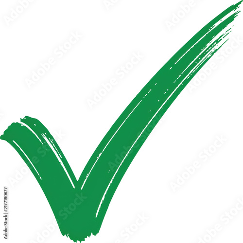 Hand drawn green check mark symbol created with a thick bristle brush stroke isolated on a transparent background